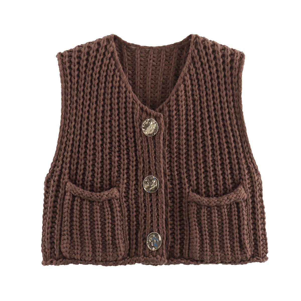 Chunky knit vest in brown with gold-tone buttons and patch pockets