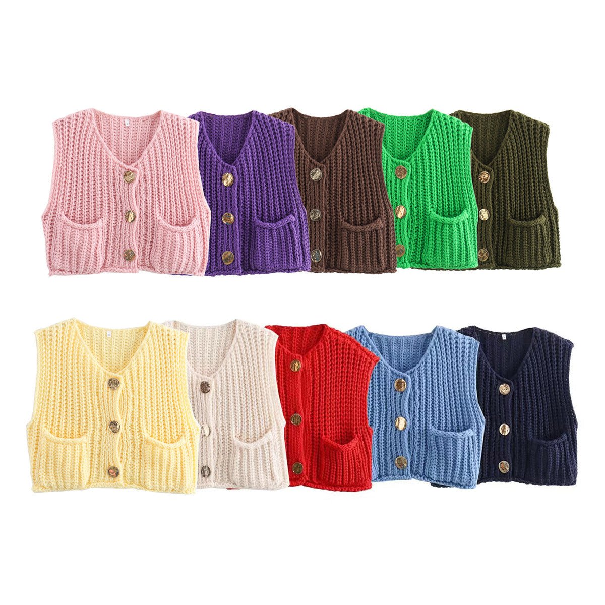 Ten colours of the chunky knit vest side by side