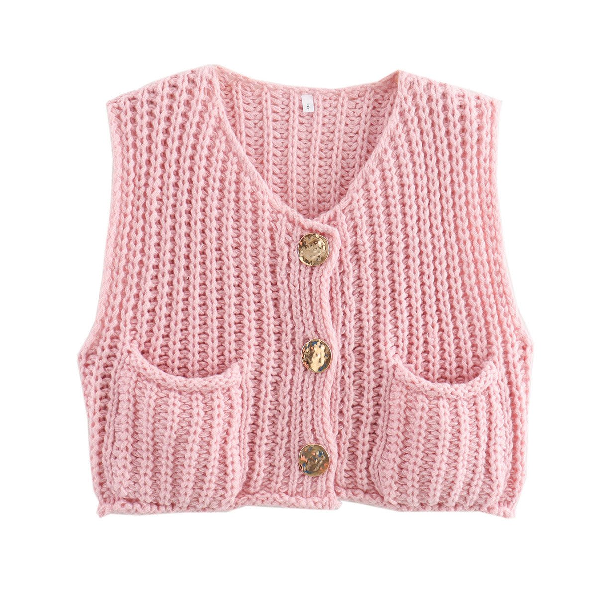 Chunky knit vest in pink with gold-tone buttons and patch pockets