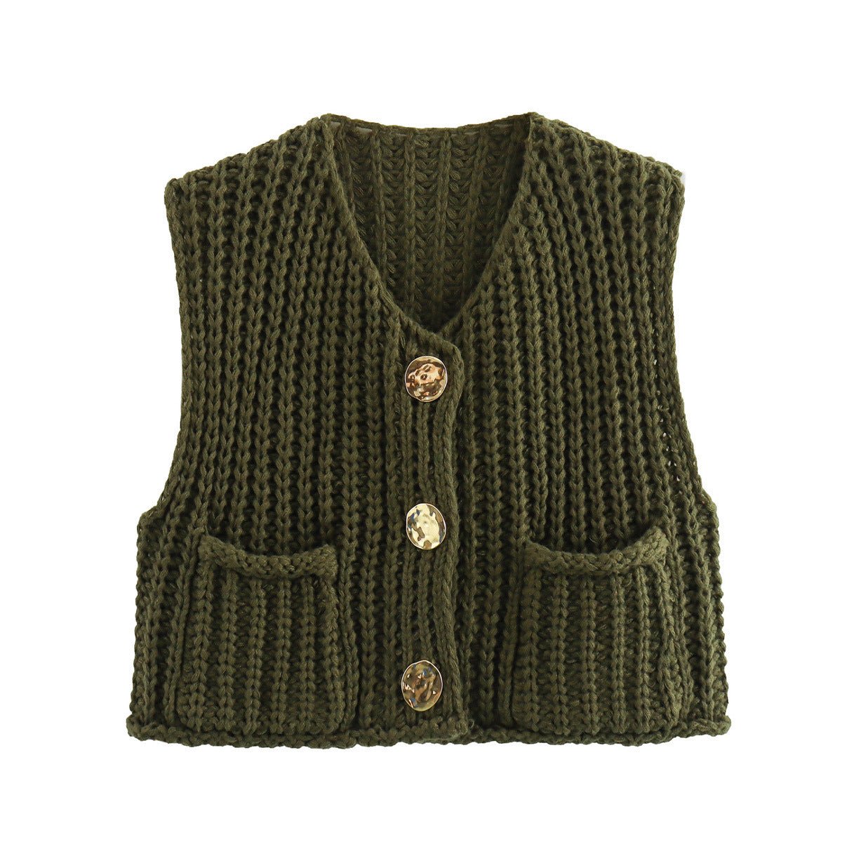 Chunky knit vest in army green with gold-tone buttons and patch pockets