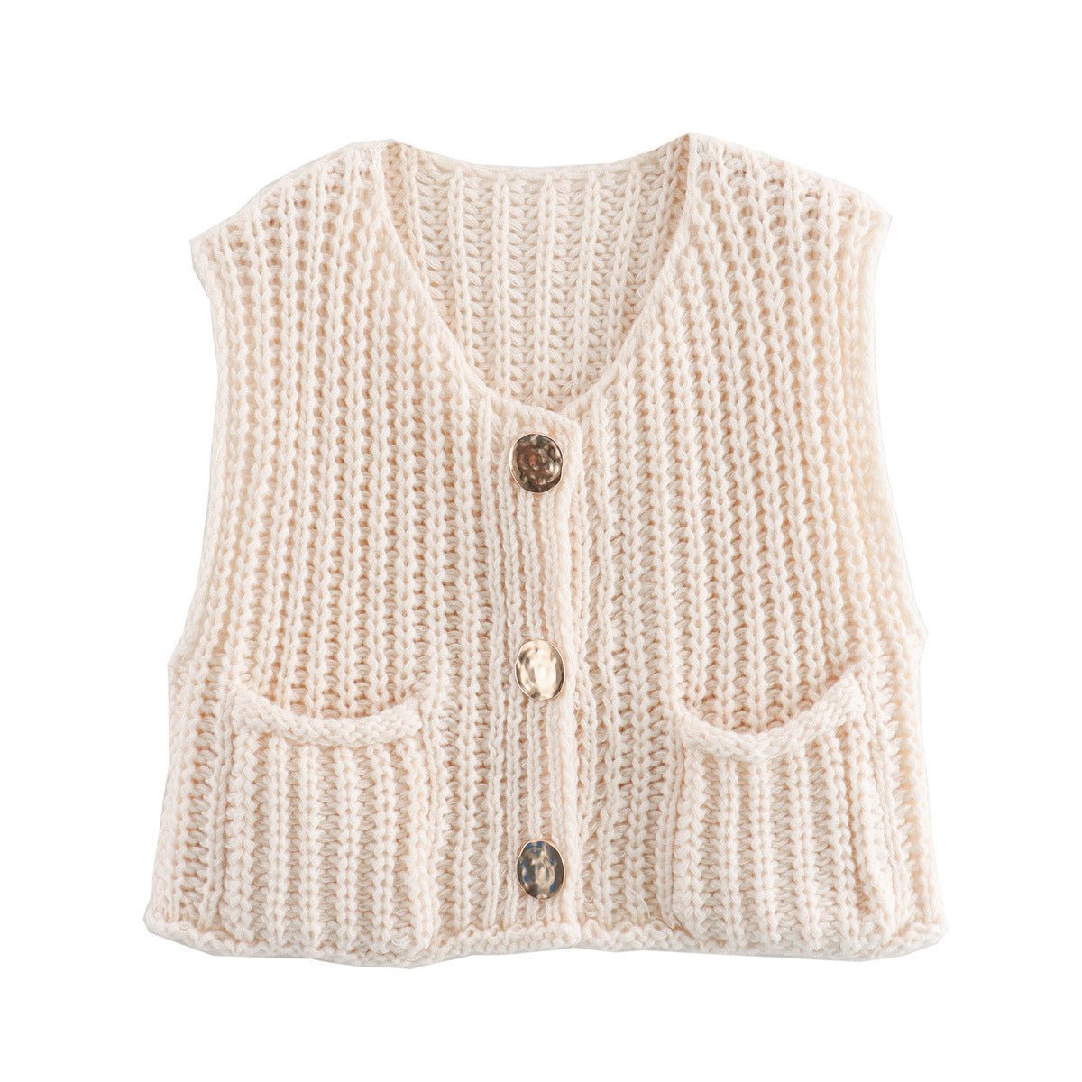Chunky knit vest in milky white with gold-tone buttons and patch pockets