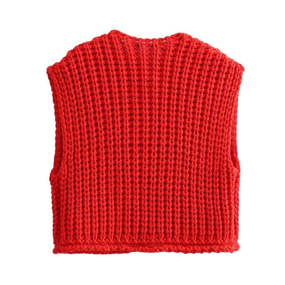 Back of the red chunky rib-knit vest, laid flat
