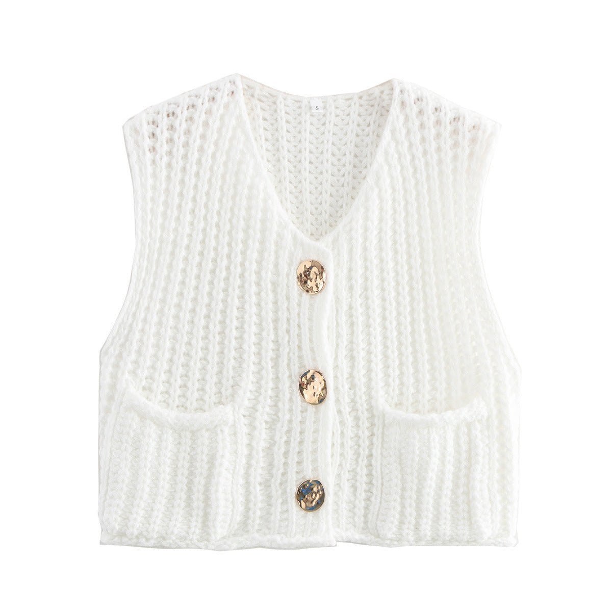 Chunky knit vest in white with gold-tone buttons and patch pockets