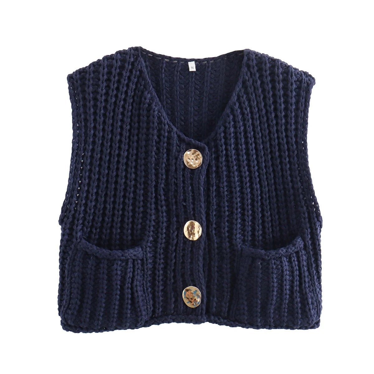Chunky knit vest in navy blue with gold-tone buttons and patch pockets
