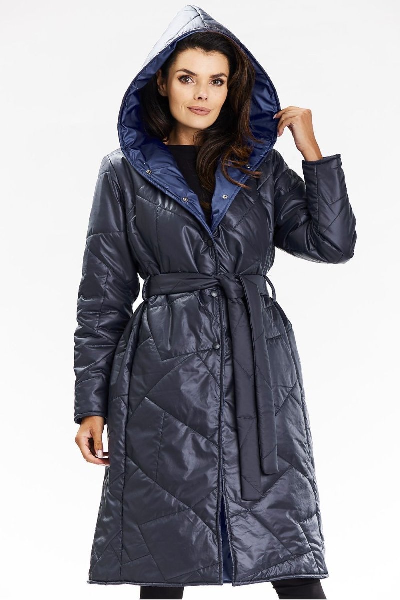 Navy blue women's hooded coat with quilted design and drawstring hood – Awama Women's Navy Blue Casual Hooded Coats