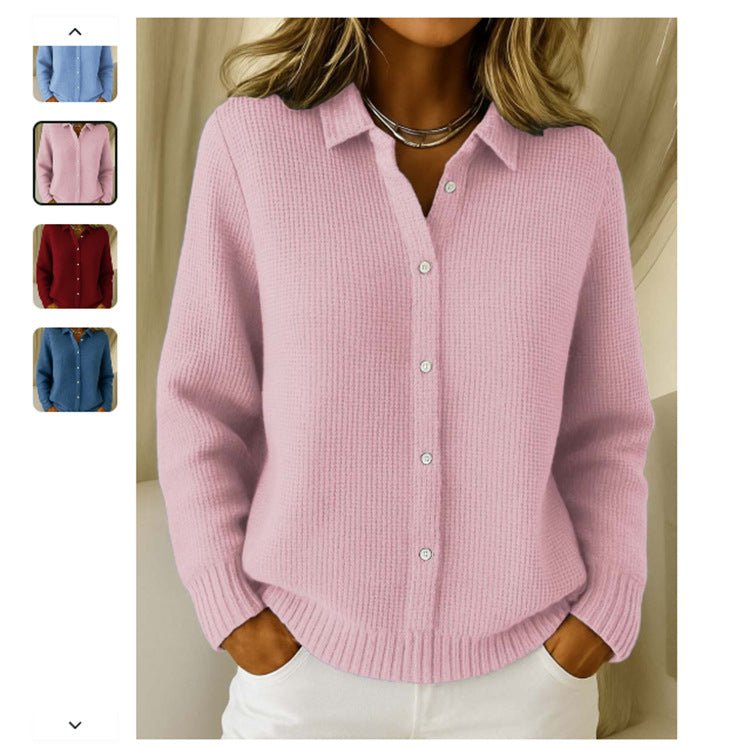 Pink collared button-front sweater with ribbed cuffs and hem