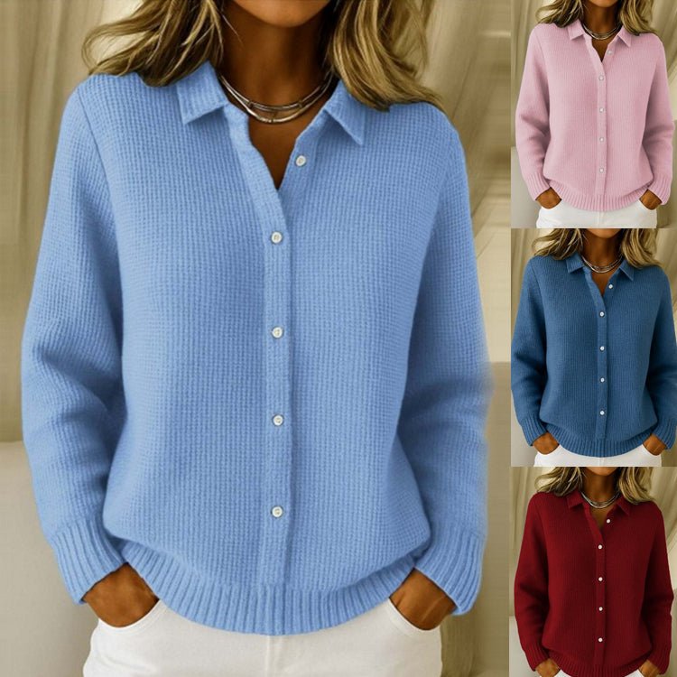 Sky blue knitted sweater with a shirt collar and white buttons, with small pink, dark blue and wine red versions beside it