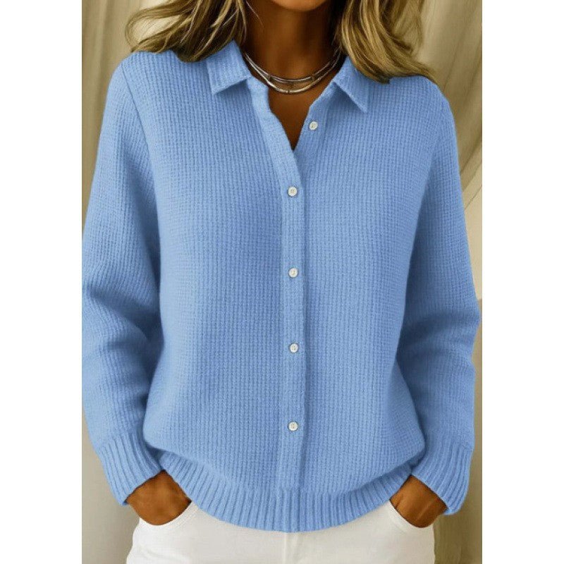 Sky blue collared button-front sweater, front view