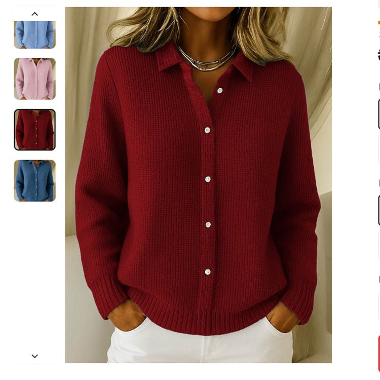 Wine red collared button-front sweater with white buttons