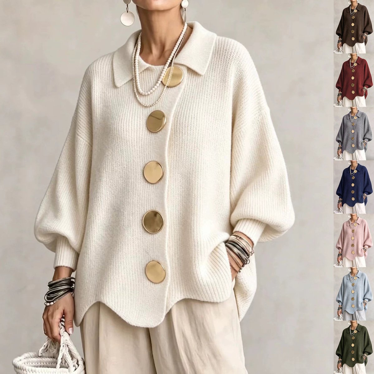Collared knit cardigan in cream with large gold buttons, worn on a model, front view, wavy hem, dropped shoulders