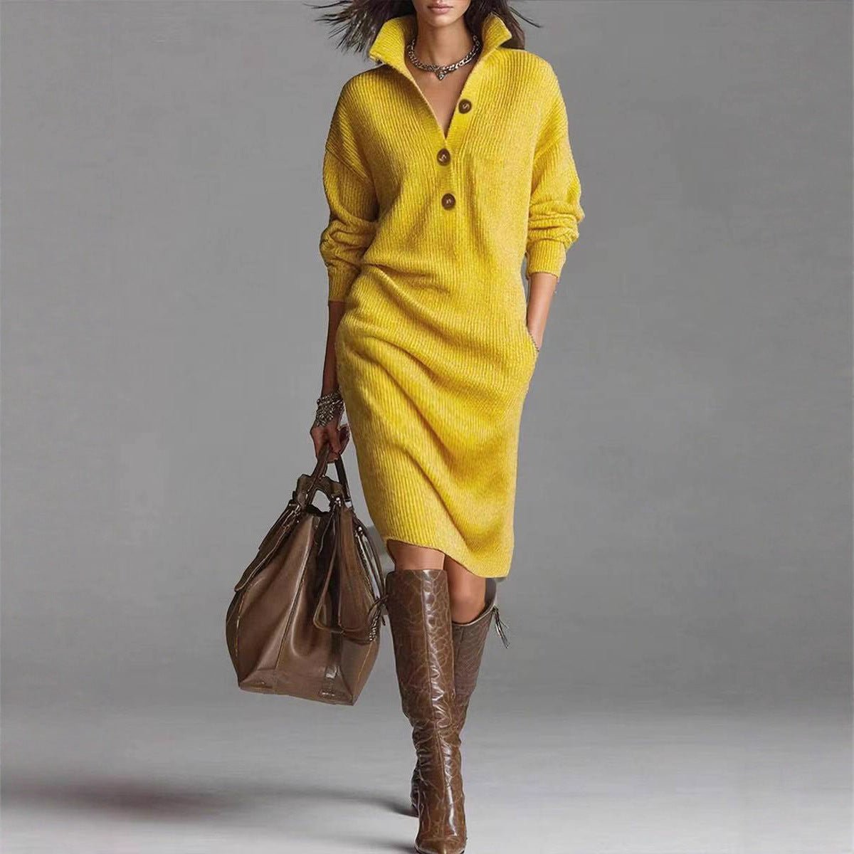 Collared knit sweater dress in yellow, front view on model, with button placket and side pockets, worn with boots and bag