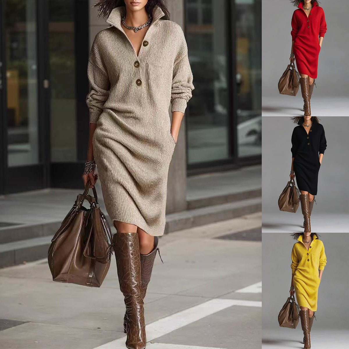 Collared knit sweater dress in khaki, front view on model, with button placket and side pockets, worn with boots and bag