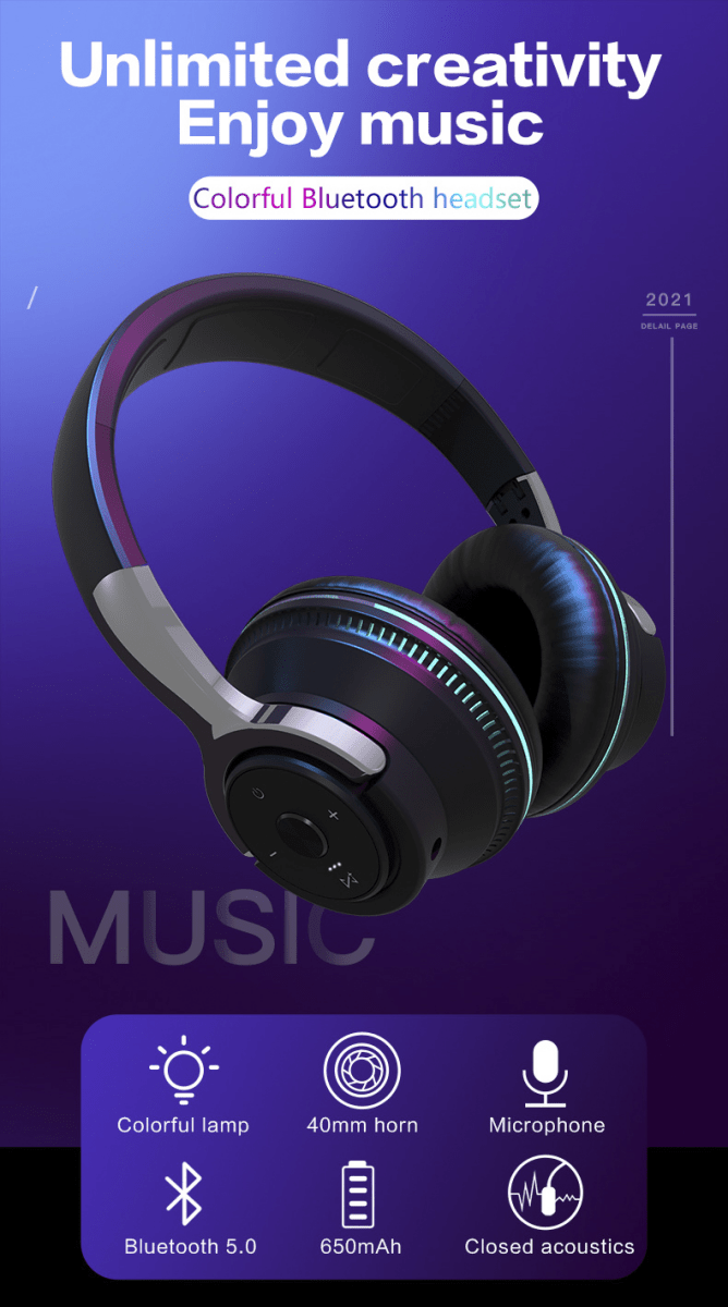 Colorful LED Lights Bluetooth Headphone Bass Wireless Earphones - Wow Store