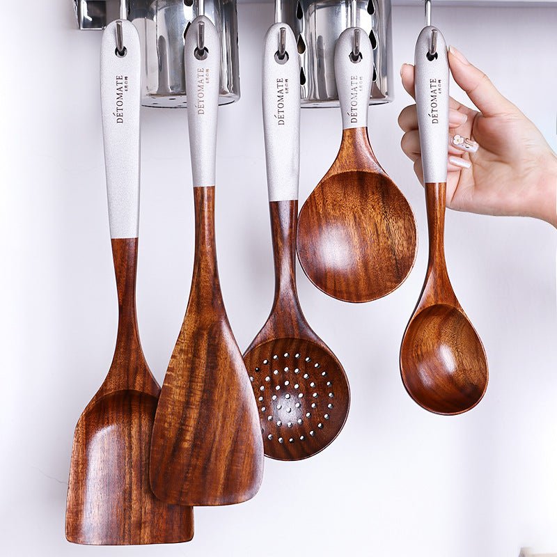 Colorful Teak Kitchen Utensils Set with Soup Spoon - WowStore.live