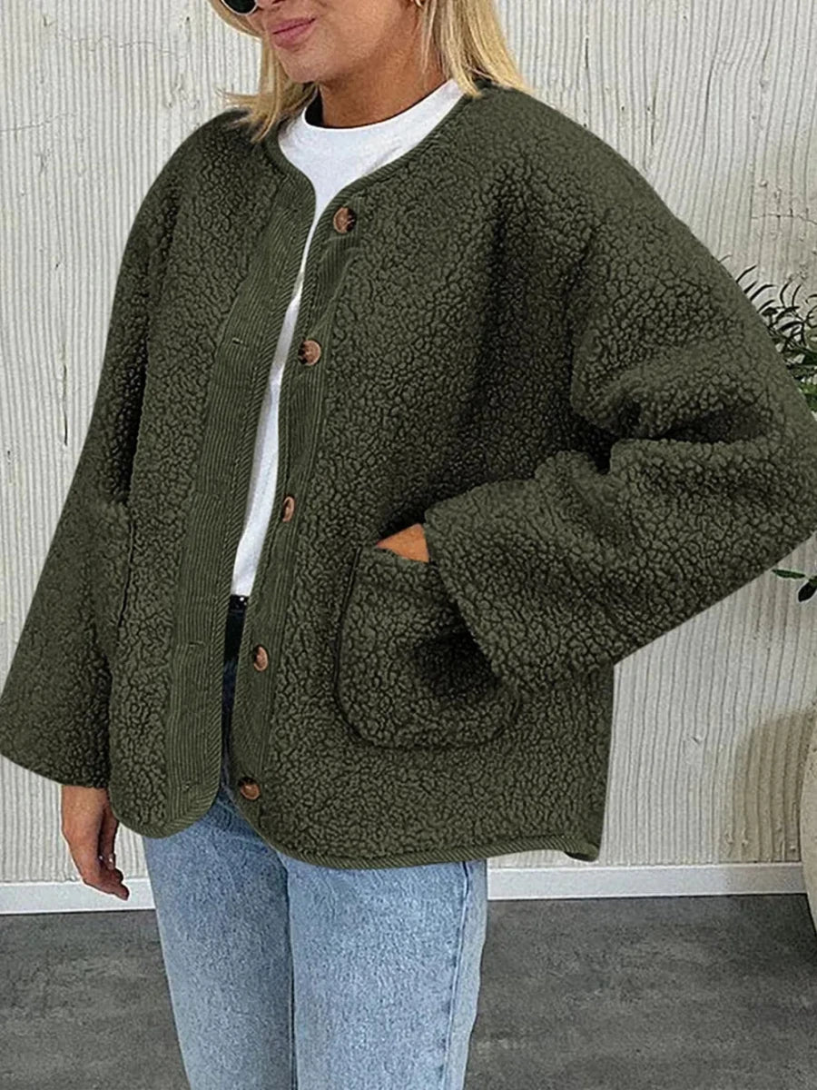 Contrast Button Up Sherpa Jacket with Pockets - Wow Store