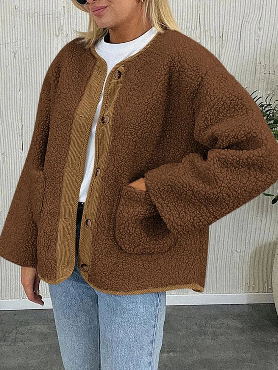 Contrast Button Up Sherpa Jacket with Pockets - Wow Store