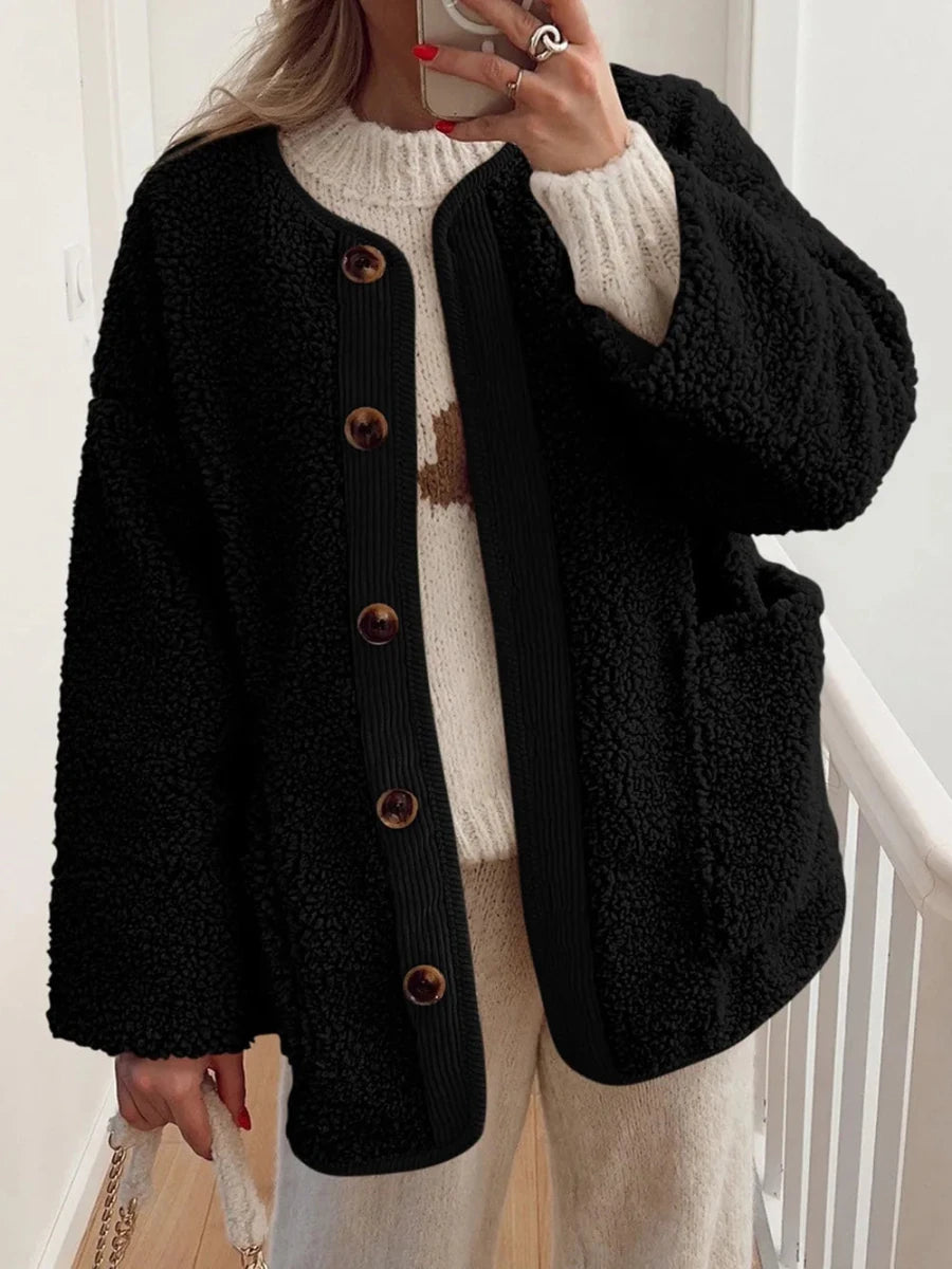 Contrast Button Up Sherpa Jacket with Pockets - Wow Store
