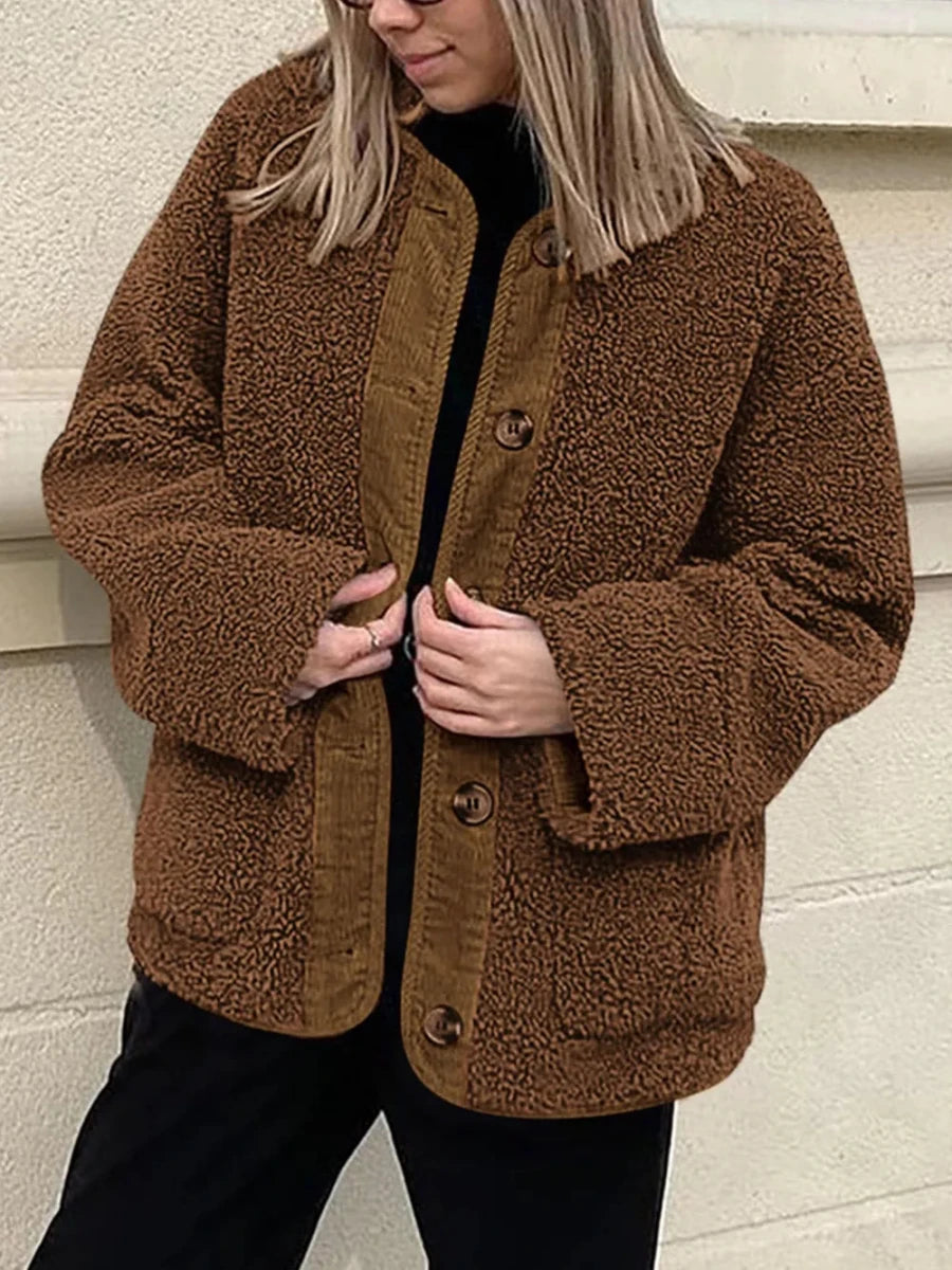 Contrast Button Up Sherpa Jacket with Pockets - Wow Store