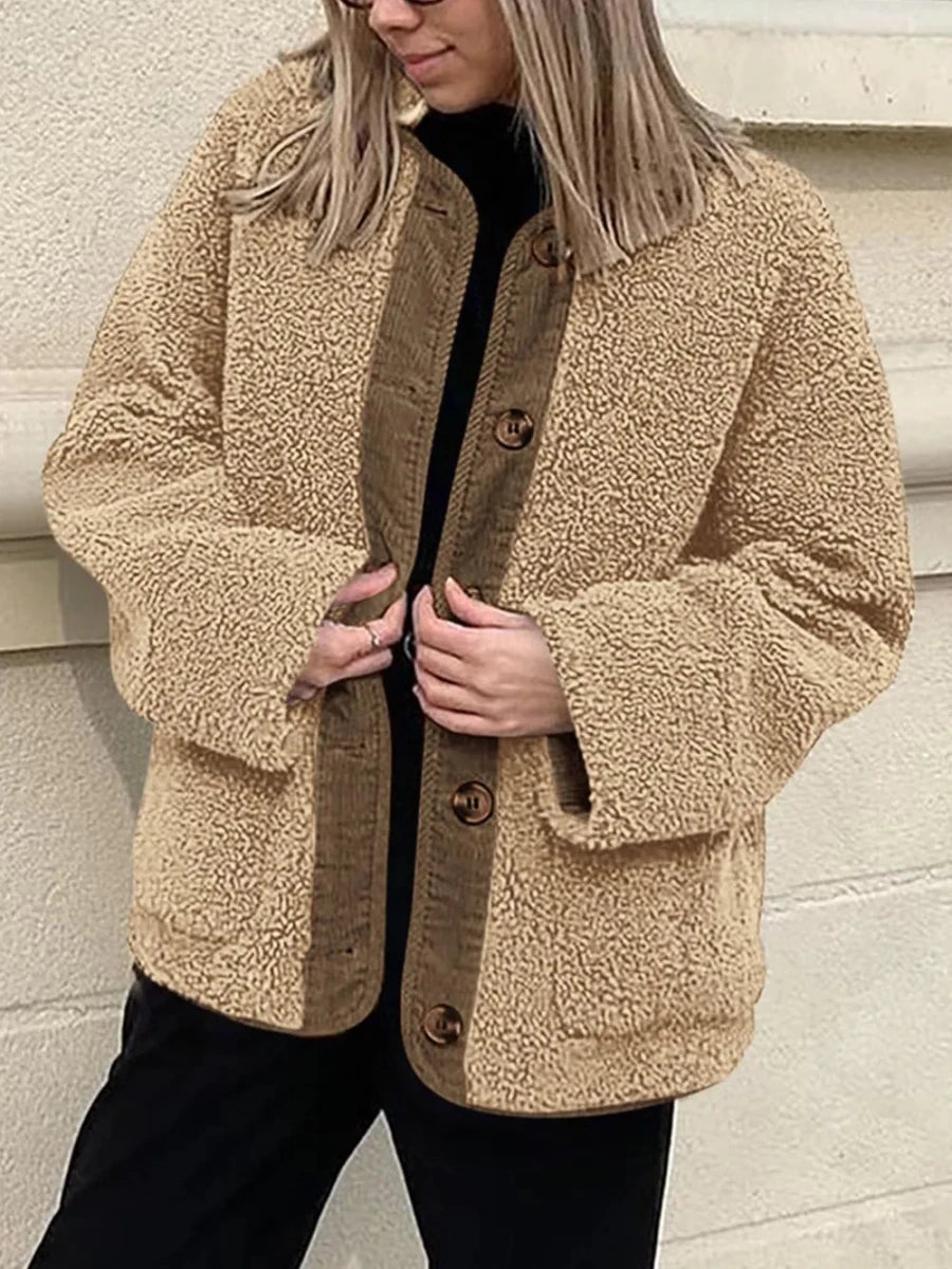 Contrast Button Up Sherpa Jacket with Pockets - Wow Store