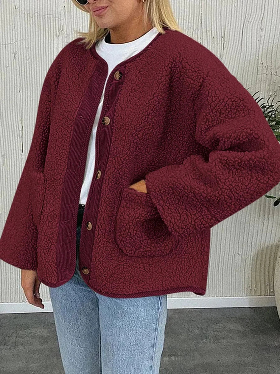 Contrast Button Up Sherpa Jacket with Pockets - Wow Store