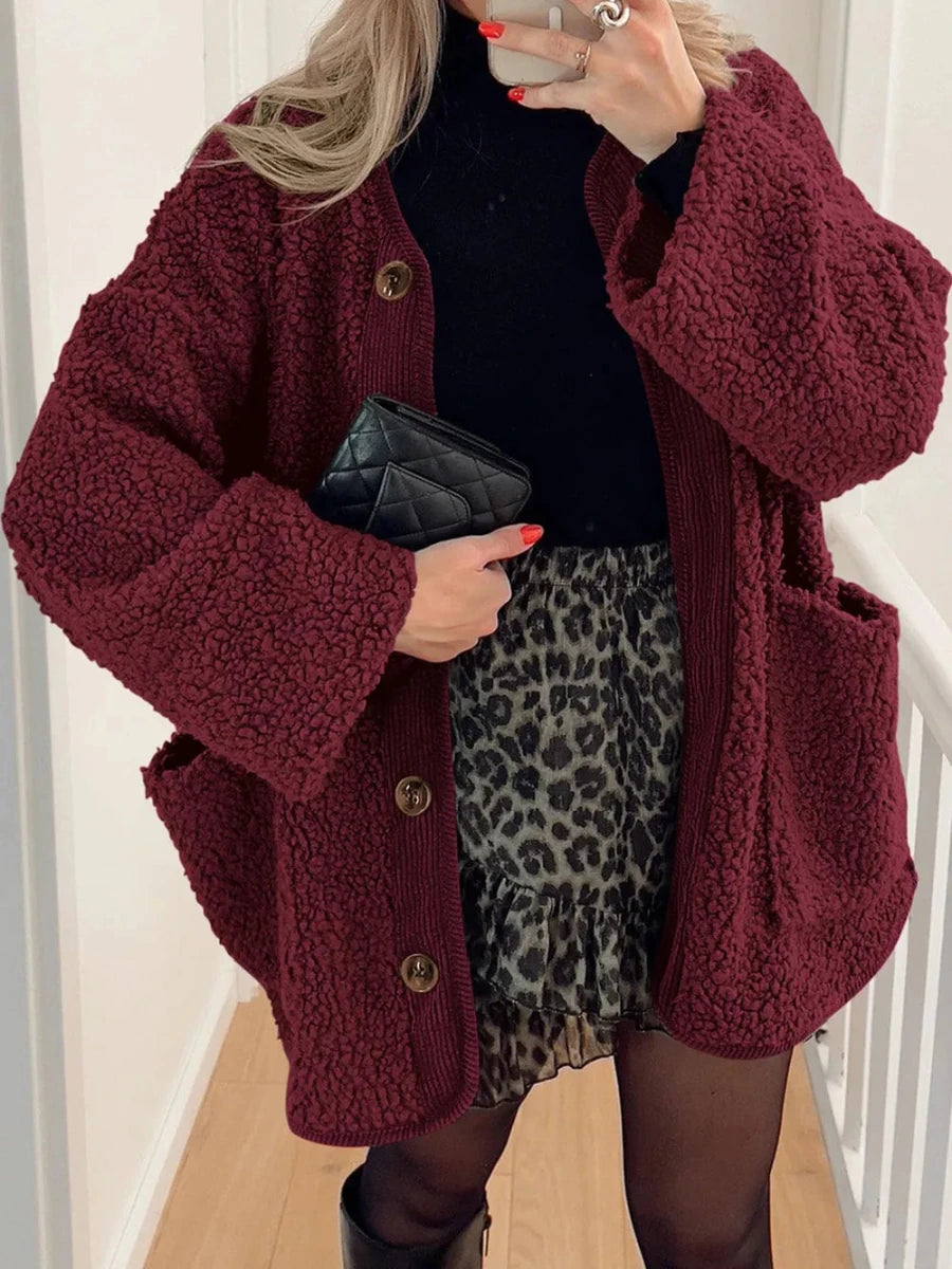 Contrast Button Up Sherpa Jacket with Pockets - Wow Store