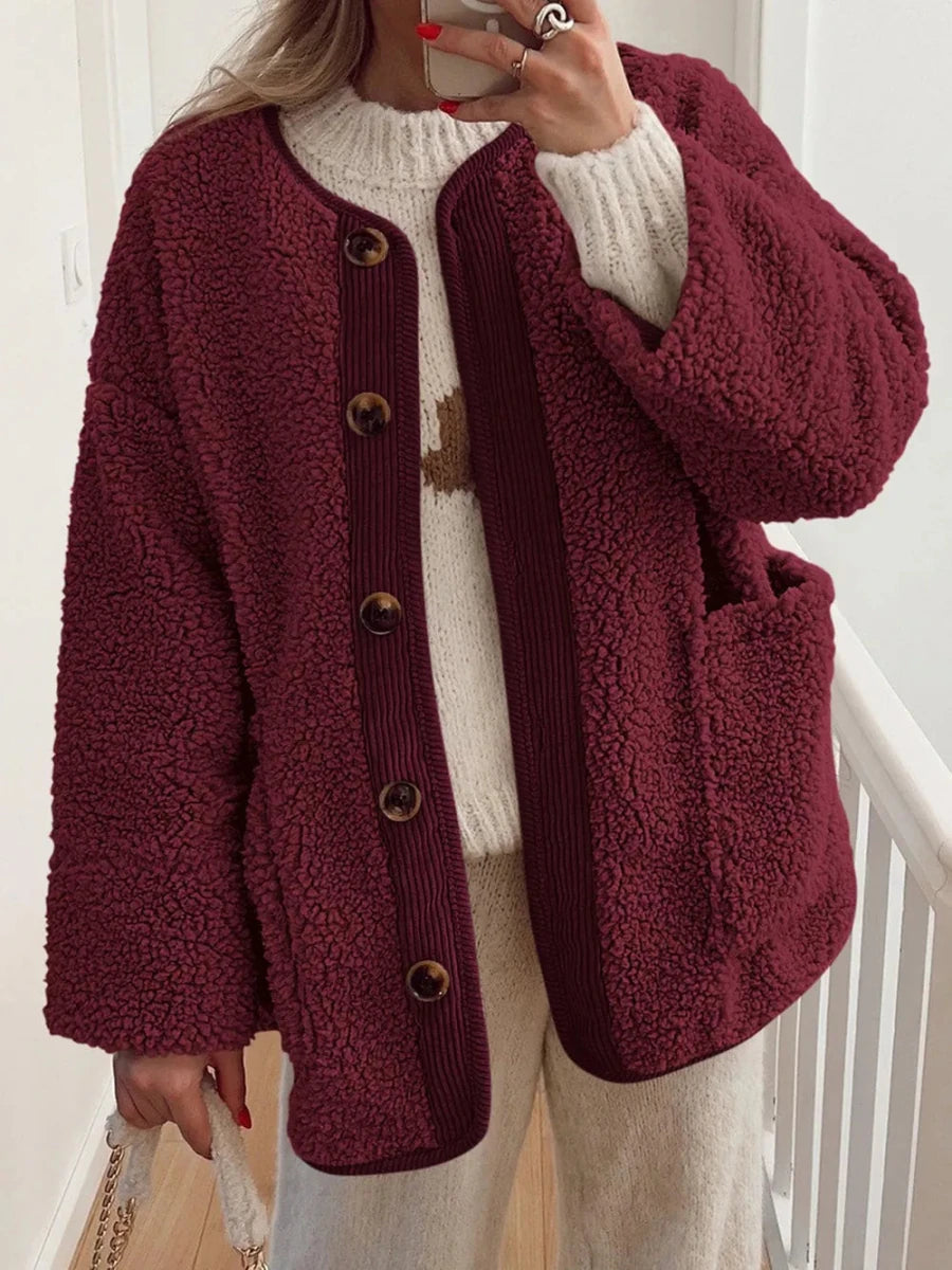 Contrast Button Up Sherpa Jacket with Pockets - Wow Store