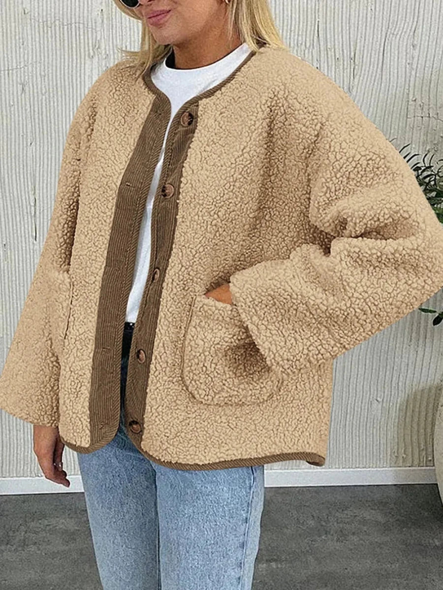 Contrast Button Up Sherpa Jacket with Pockets - Wow Store