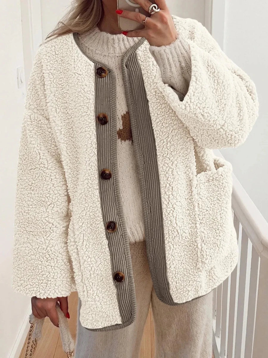 Contrast Button Up Sherpa Jacket with Pockets - Wow Store