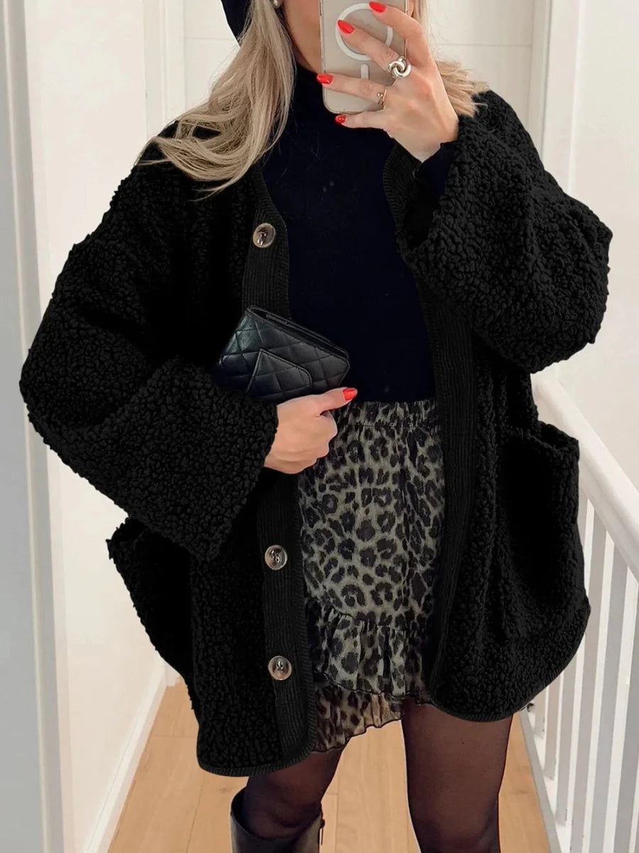 Contrast Button Up Sherpa Jacket with Pockets - Wow Store