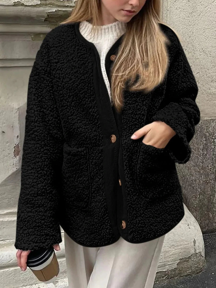 Contrast Button Up Sherpa Jacket with Pockets - Wow Store