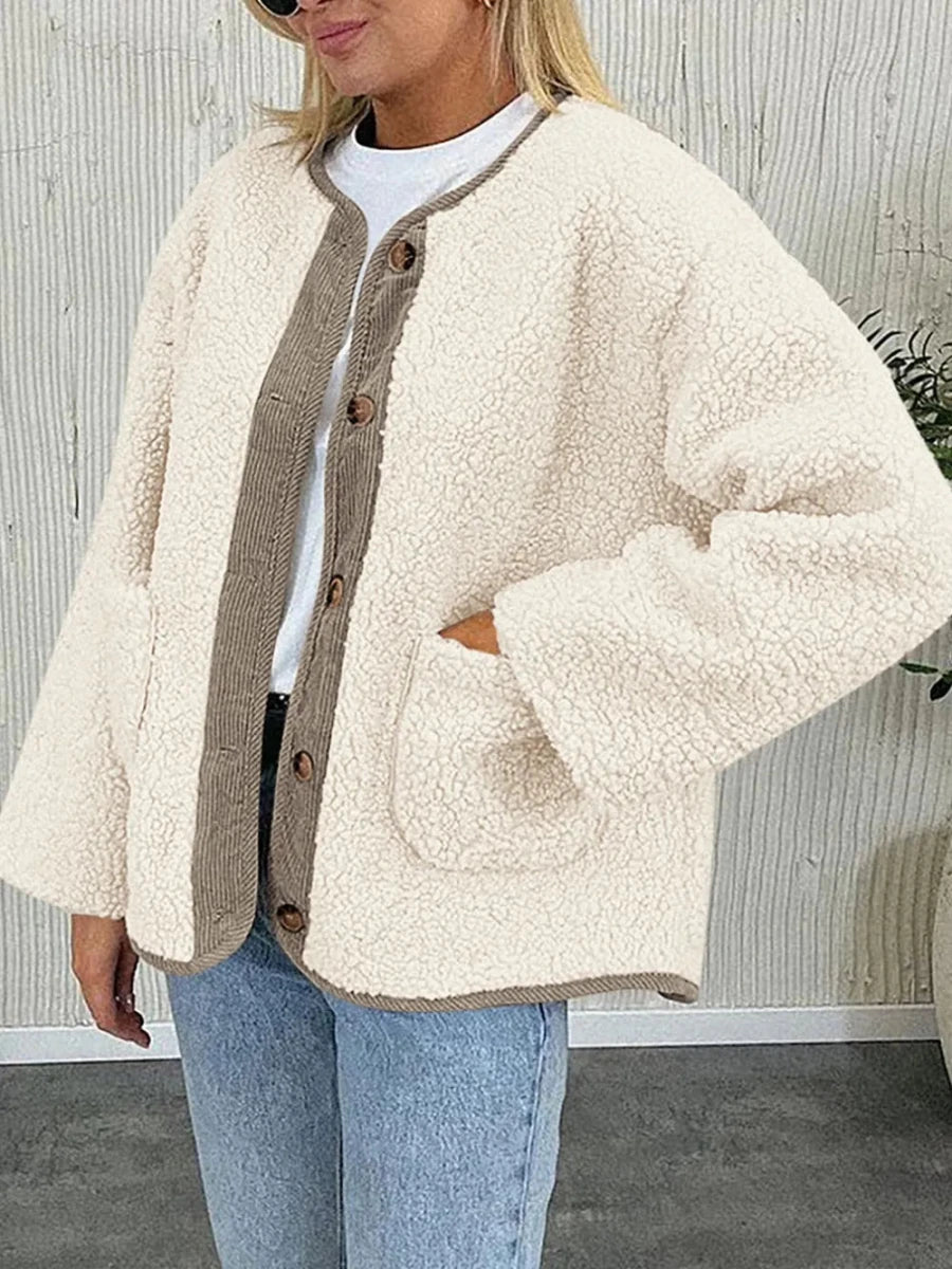 Contrast Button Up Sherpa Jacket with Pockets - Wow Store