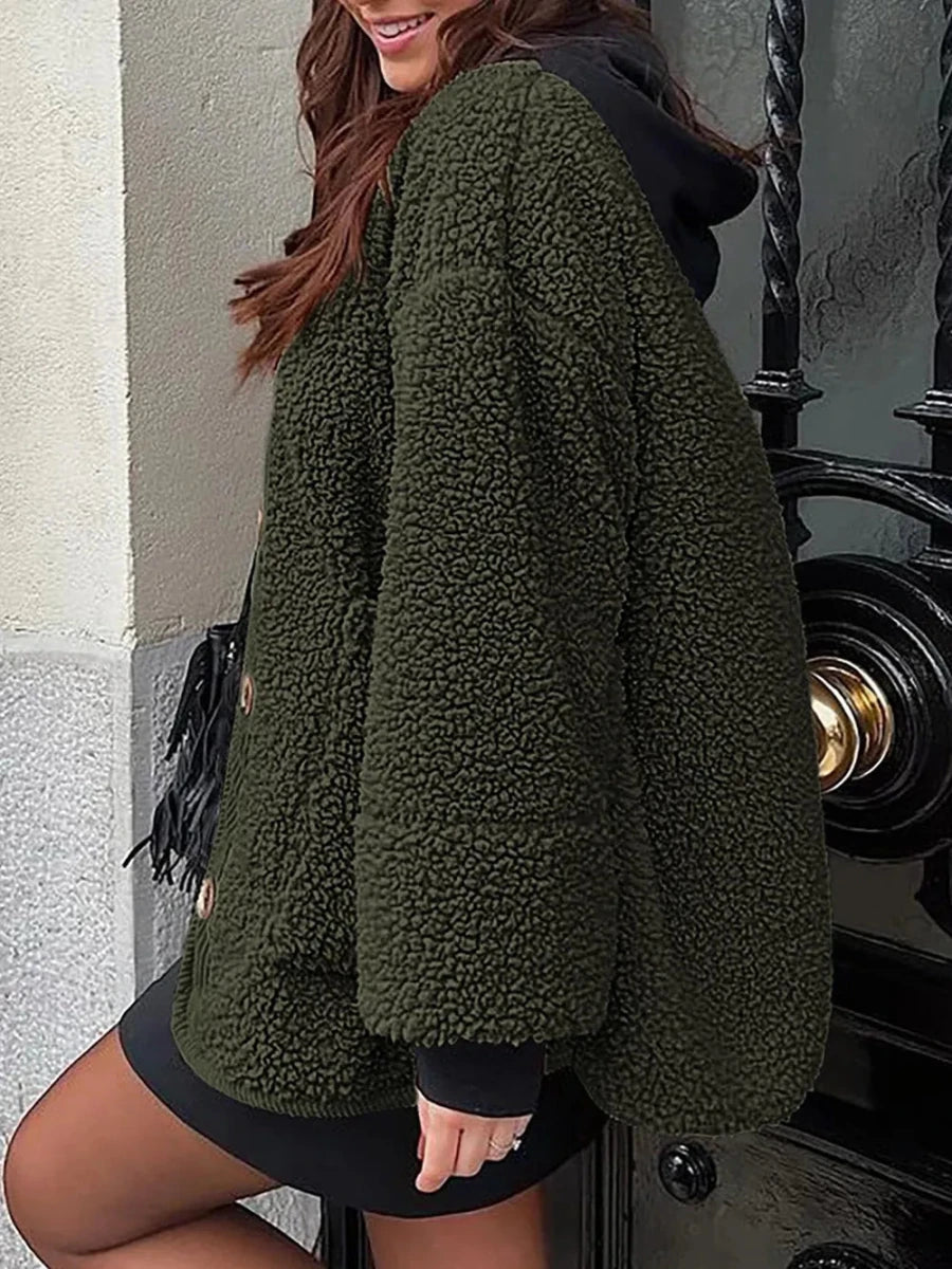 Contrast Button Up Sherpa Jacket with Pockets - Wow Store