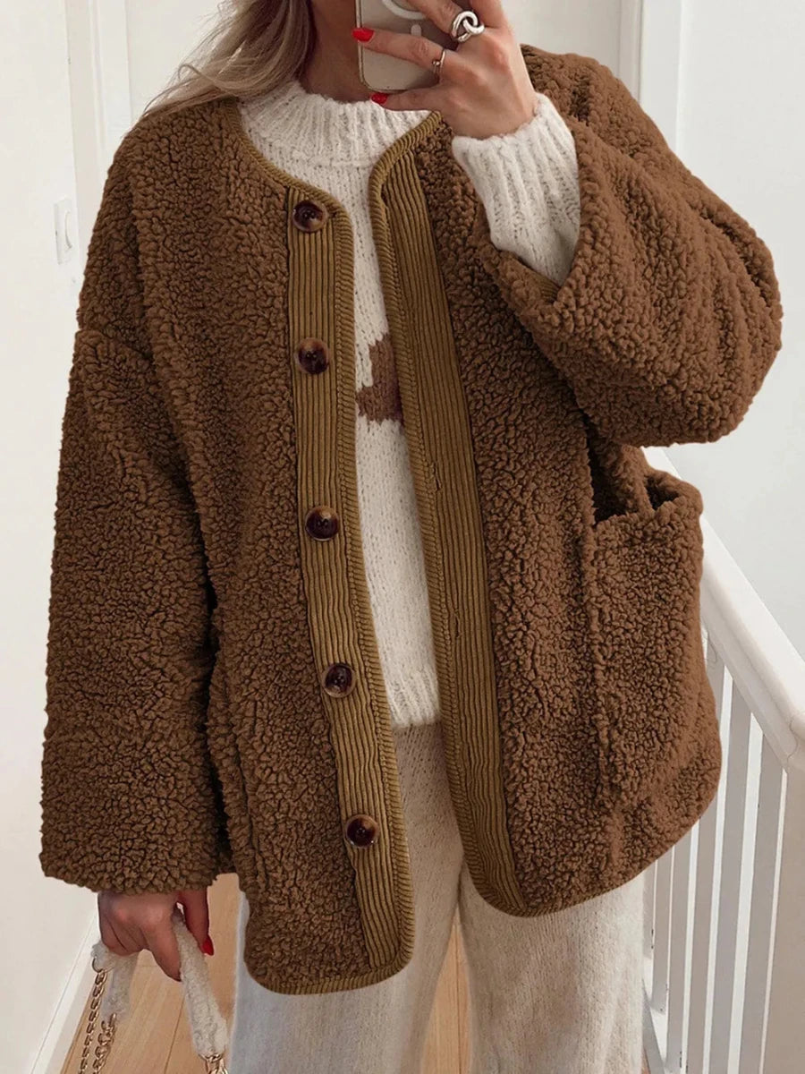 Contrast Button Up Sherpa Jacket with Pockets - Wow Store