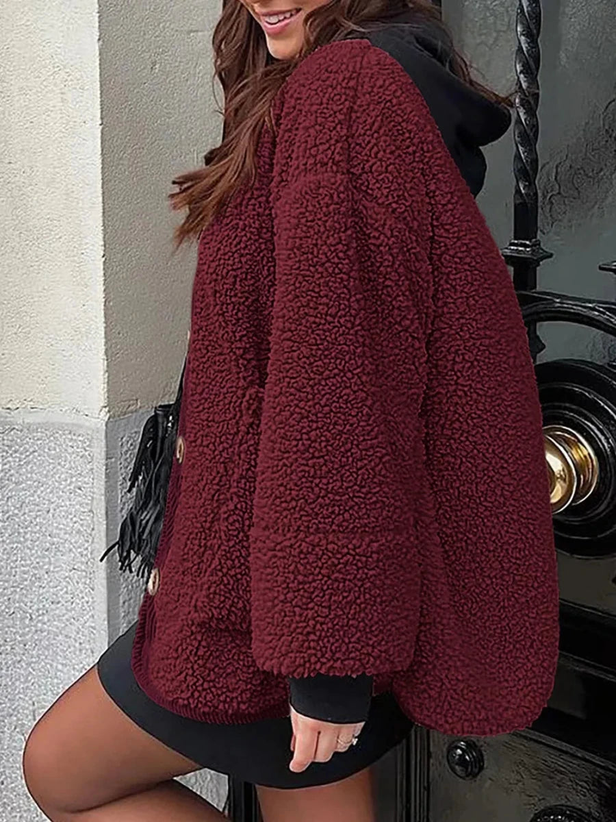 Contrast Button Up Sherpa Jacket with Pockets - Wow Store