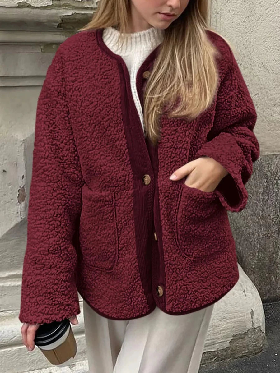 Contrast Button Up Sherpa Jacket with Pockets - Wow Store