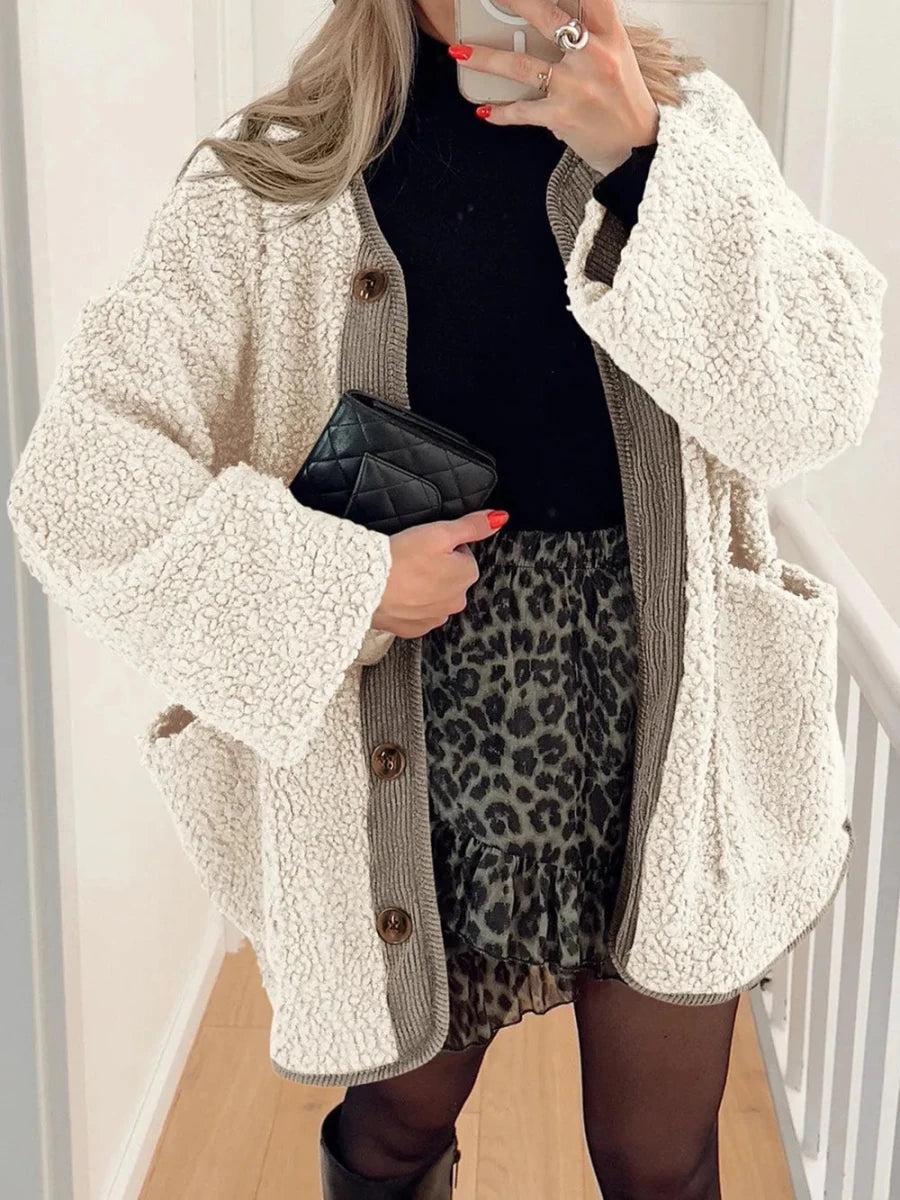 Contrast Button Up Sherpa Jacket with Pockets - Wow Store