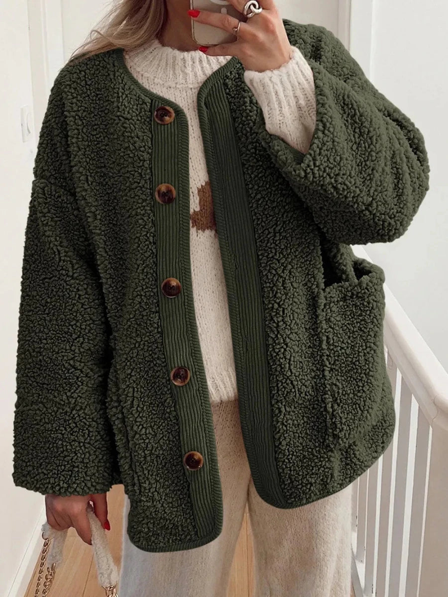Contrast Button Up Sherpa Jacket with Pockets - Wow Store