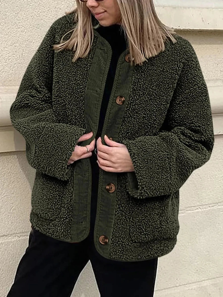Contrast Button Up Sherpa Jacket with Pockets - Wow Store
