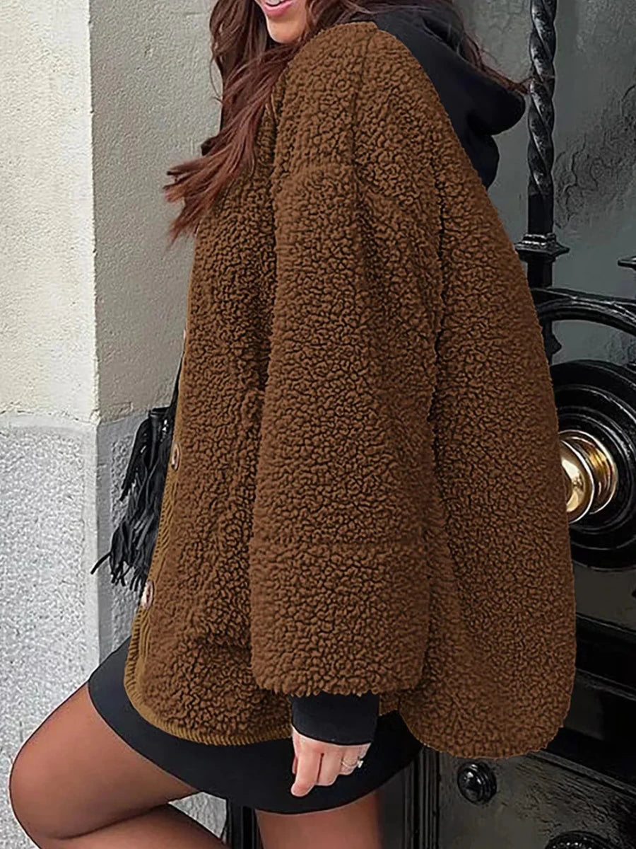 Contrast Button Up Sherpa Jacket with Pockets - Wow Store