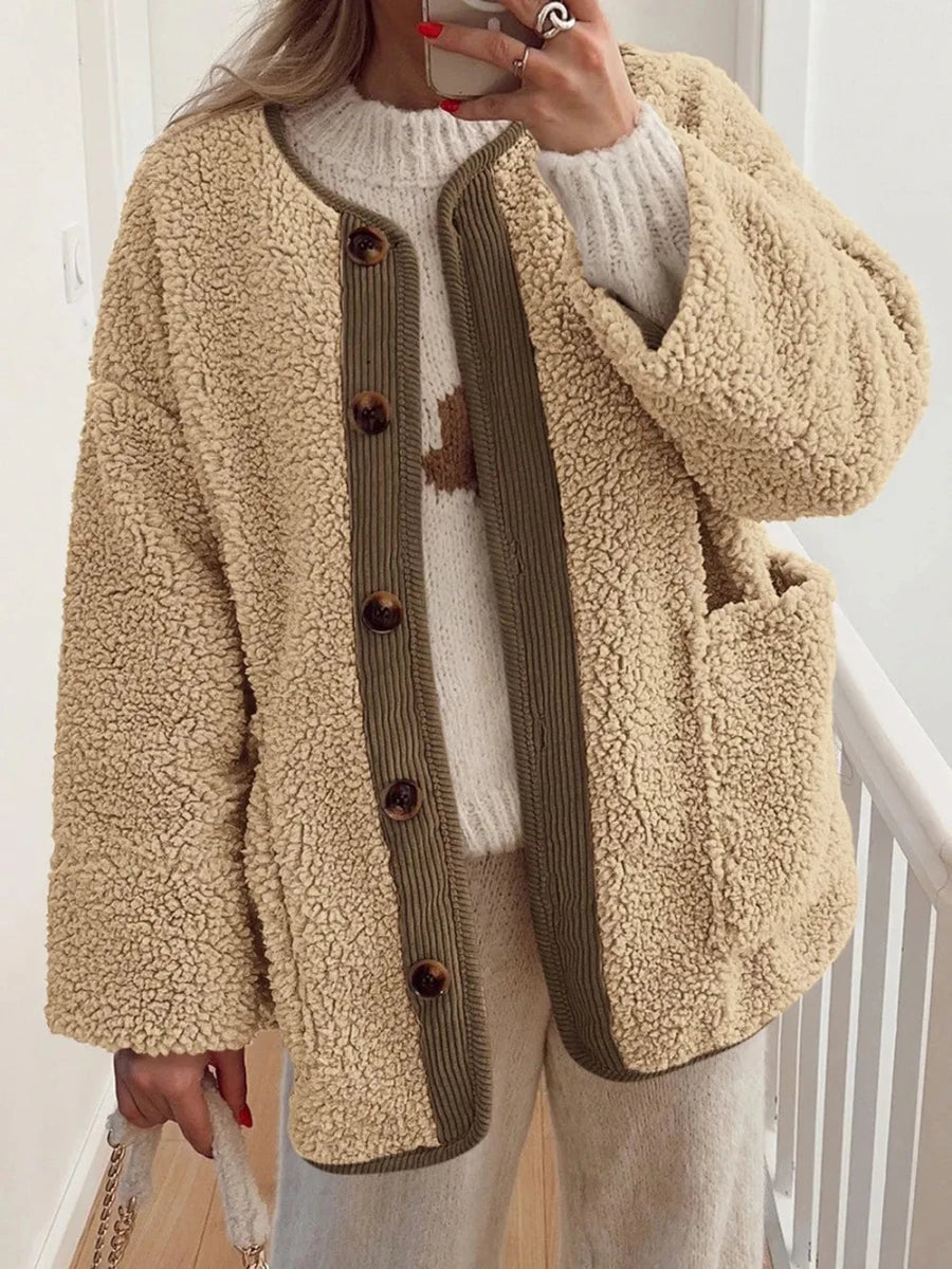Contrast Button Up Sherpa Jacket with Pockets - Wow Store