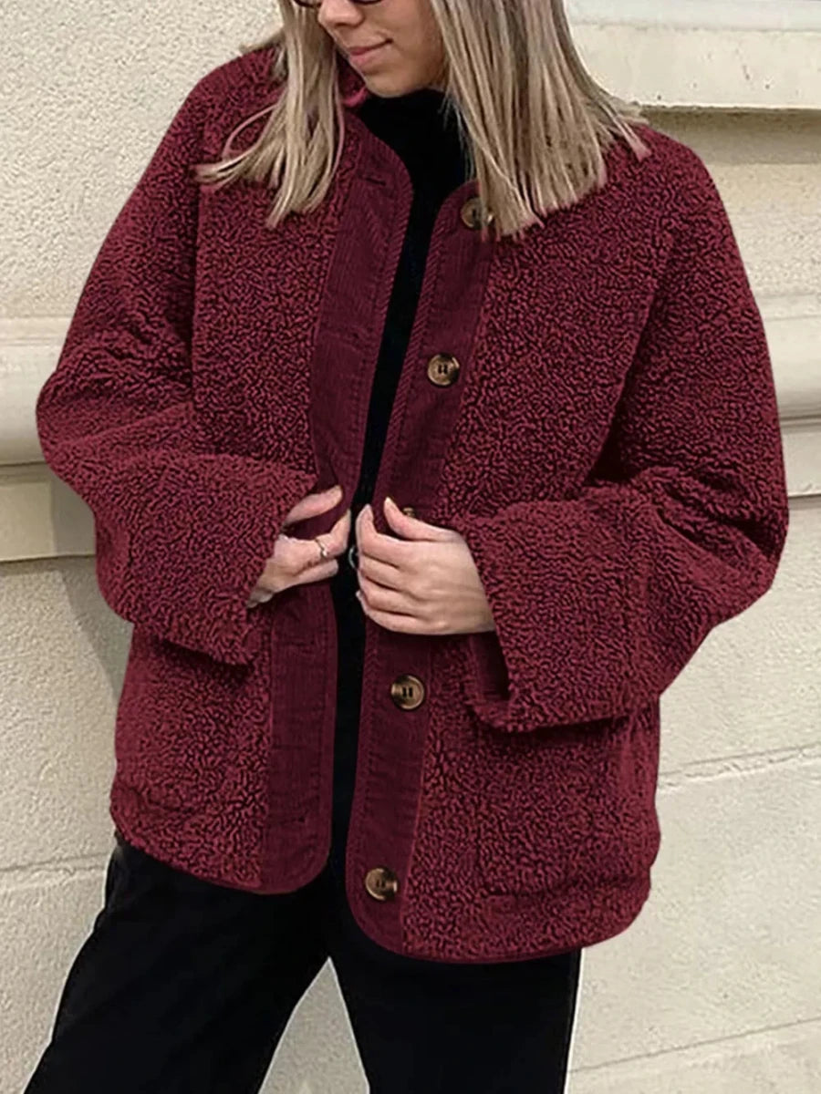 Contrast Button Up Sherpa Jacket with Pockets - Wow Store
