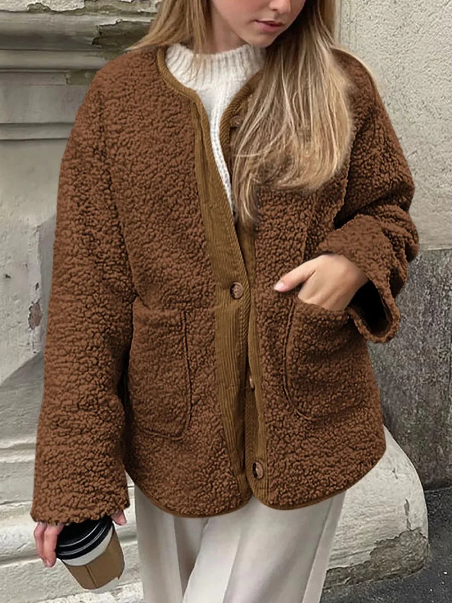 Contrast Button Up Sherpa Jacket with Pockets - Wow Store