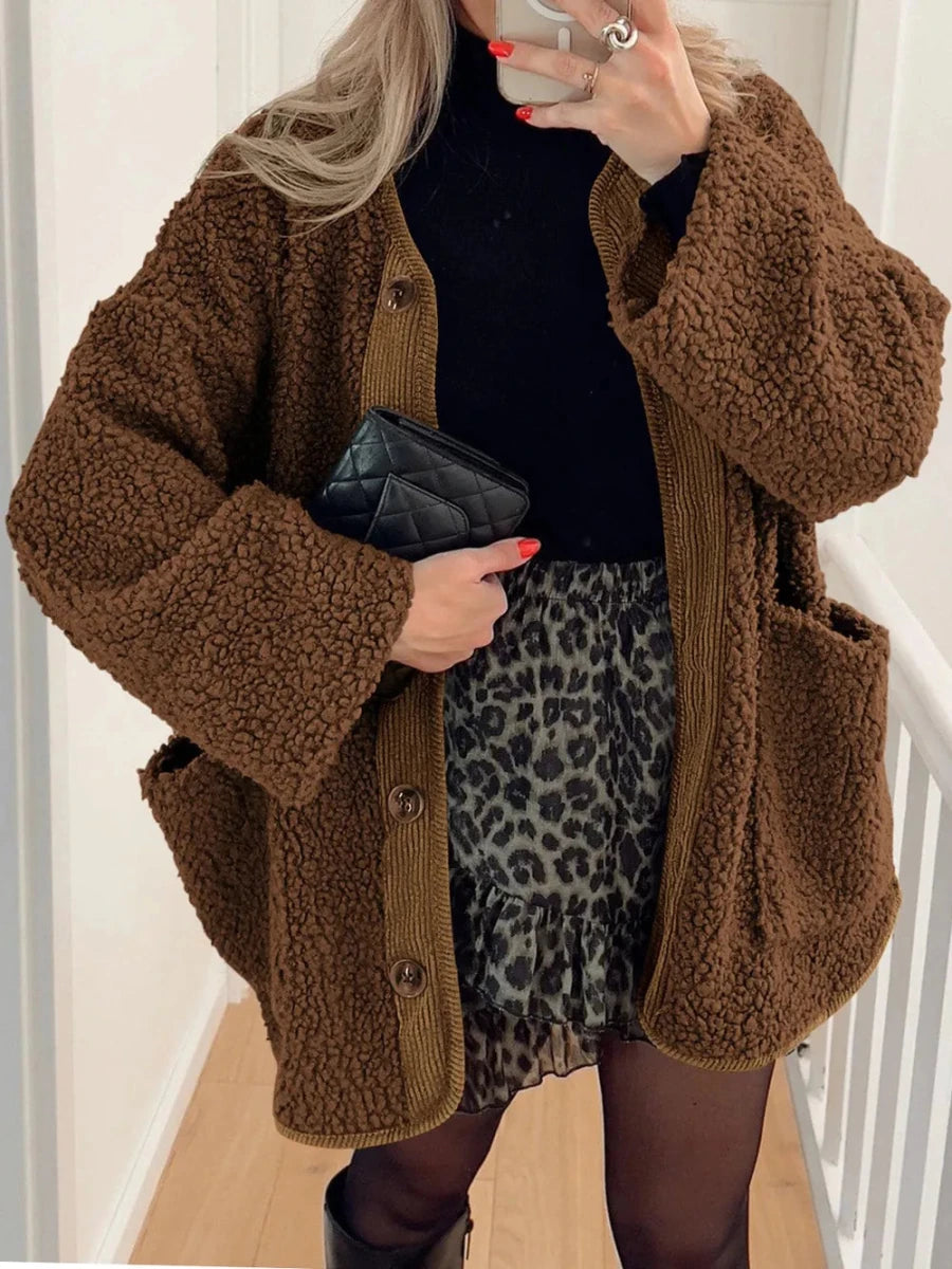Contrast Button Up Sherpa Jacket with Pockets - Wow Store