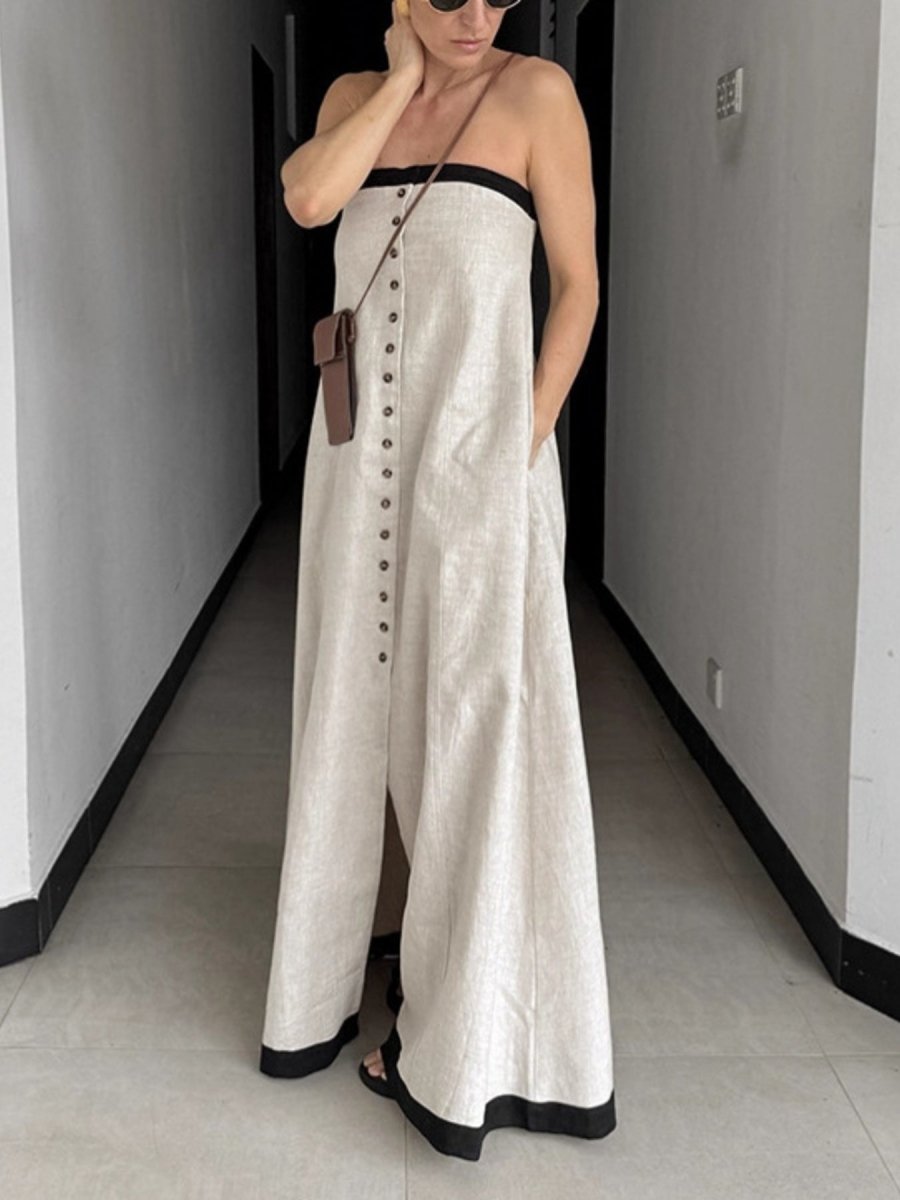 Contrast Trim Button Front Tube Maxi Dress - Wow Store