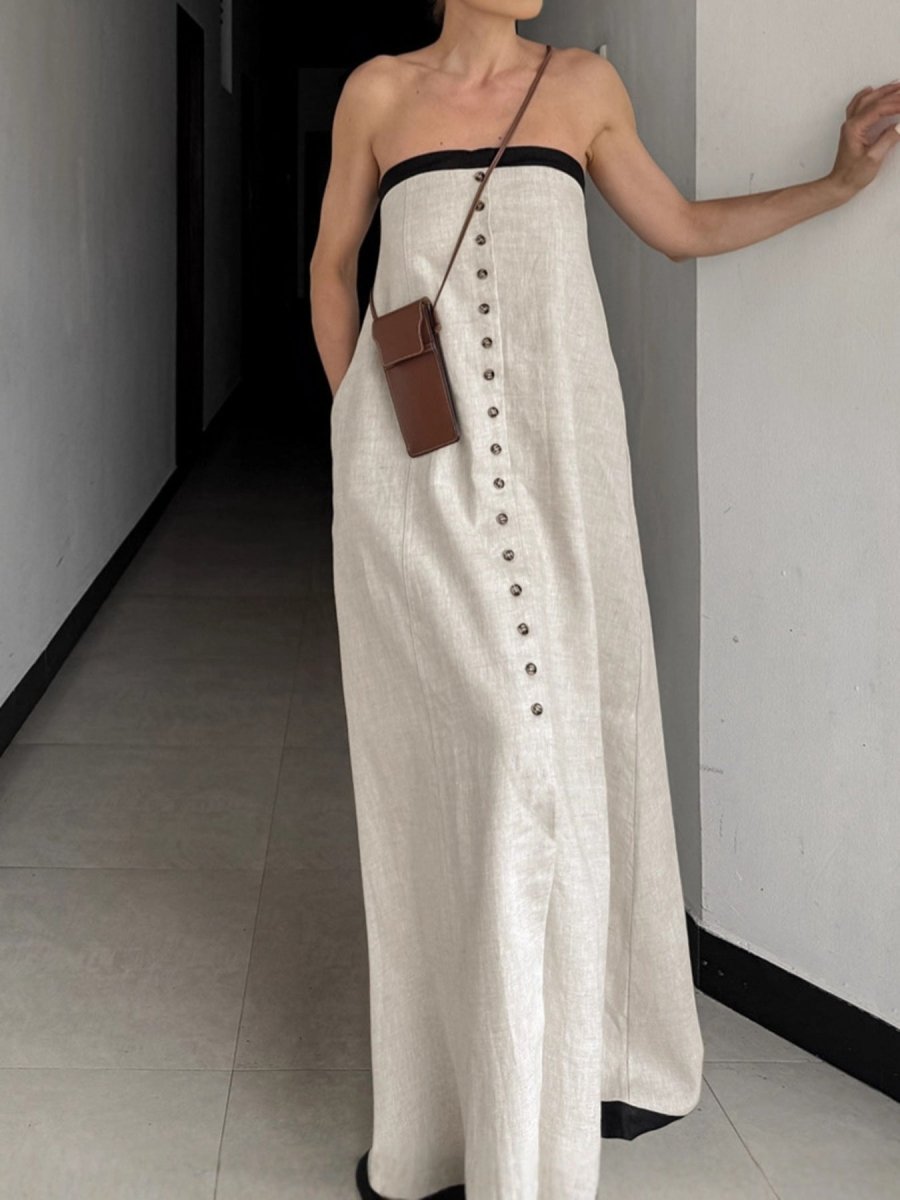 Contrast Trim Button Front Tube Maxi Dress in ivory with navy contrast trim, elegant maxi length and button front detail
