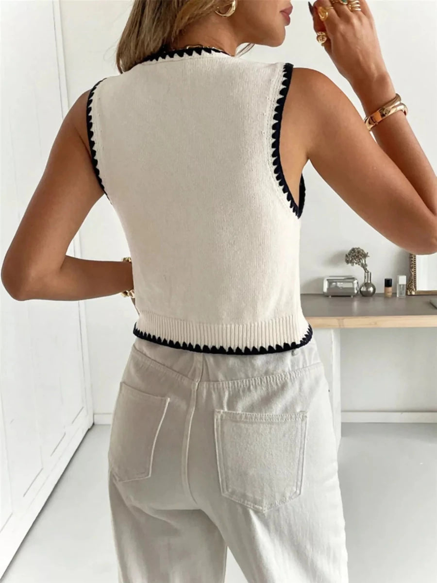 Contrast Trim Button Up Sweater Vest - Wow Store