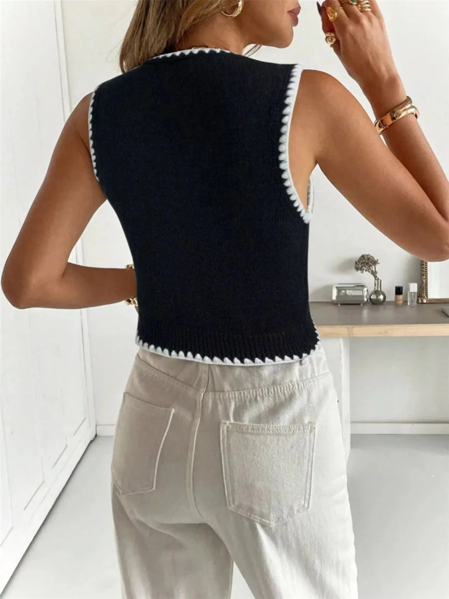 Contrast Trim Button Up Sweater Vest - Wow Store