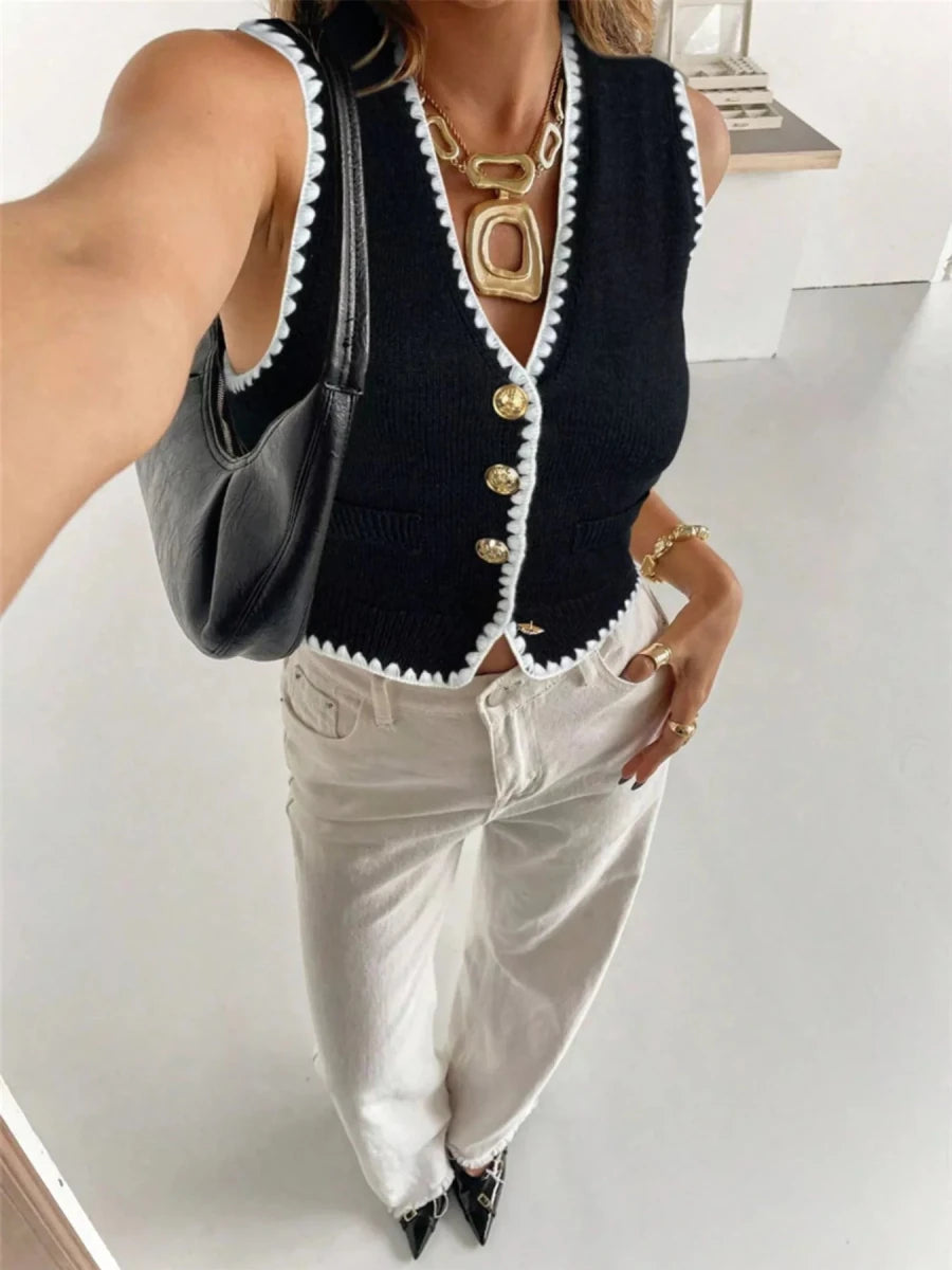 Contrast Trim Button Up Sweater Vest - Wow Store