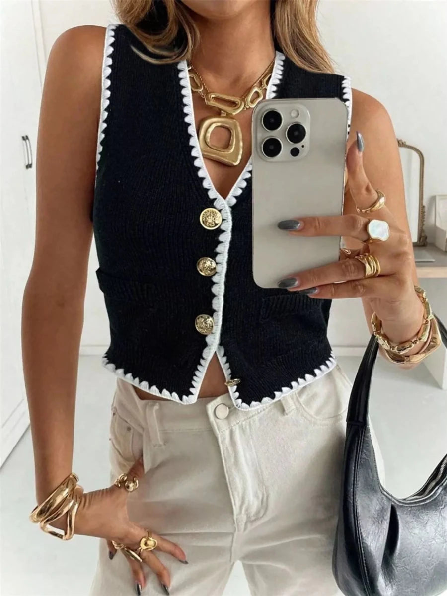 Contrast Trim Button Up Sweater Vest - Wow Store
