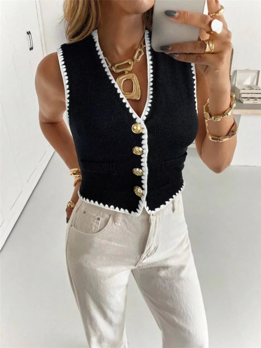 Contrast Trim Button Up Sweater Vest - Wow Store